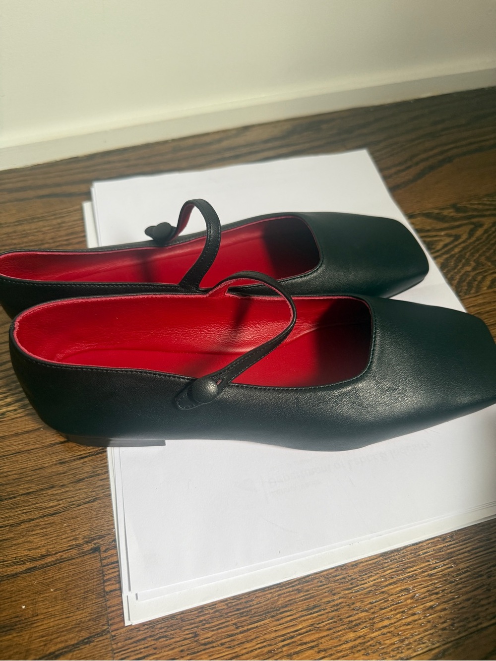 Mansur Gavriel Black Leather Mary Jane Flats with Red Insole Square Toe Sz 36 - Picture 4 of 8